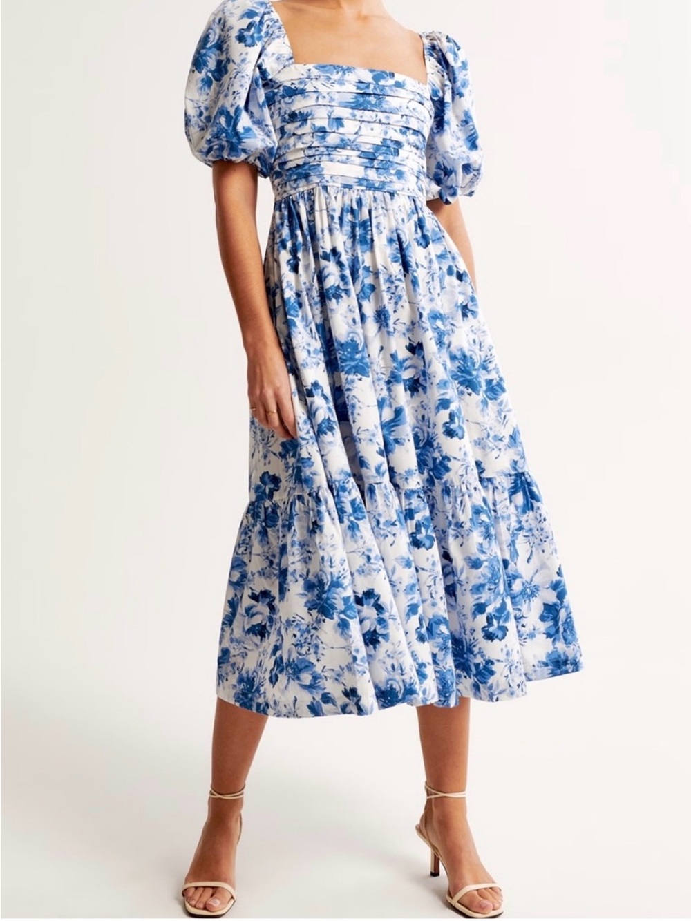 Abercrombie & Fitch Blue and White Floral Puff-Sleeve Midi Dress